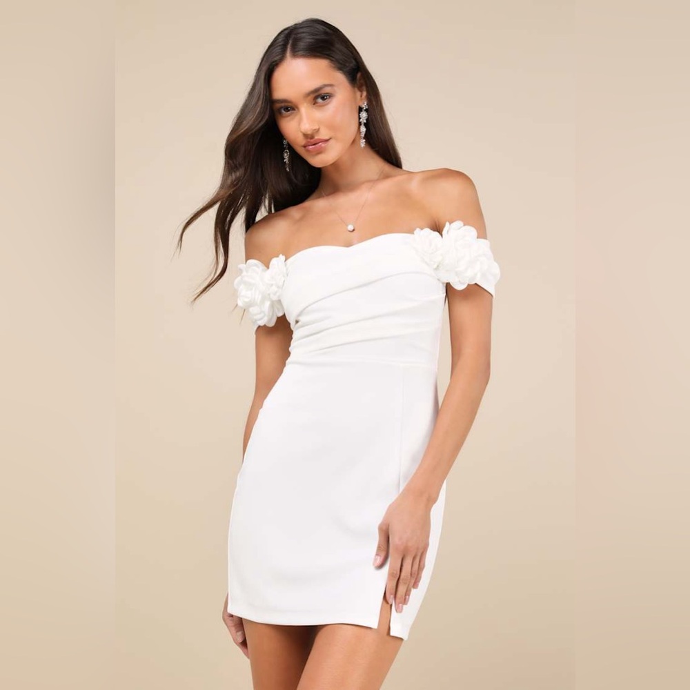 Lulus Romantic Reputation White Off Shoulder 3D Floral Mini Wedding Dress Medium